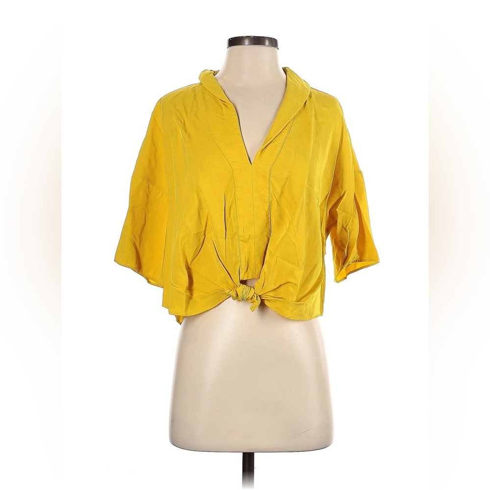 Women’s Zara Yellow Casual V Neck Flare Sleeve Tie Front Blouse Size M